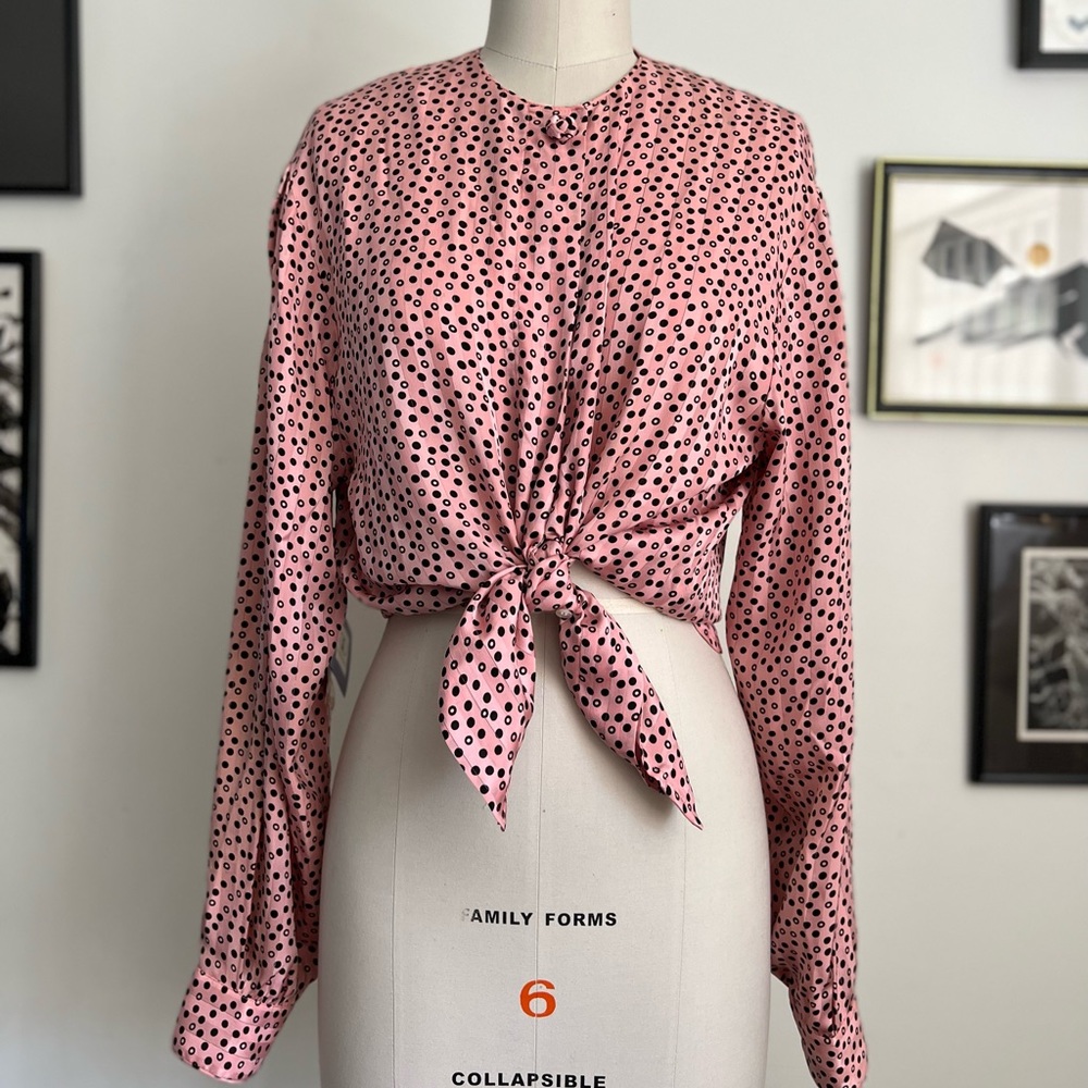 Vintage Pink & Black Silk Polka Dot Flora Kung Blouse L